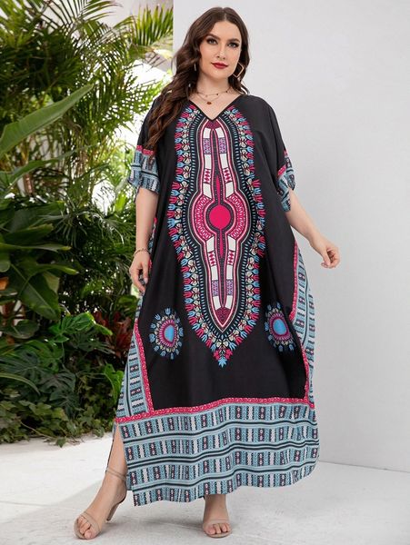 

plus graphic print v-neck slit hem kaftan dress v11r#, Black