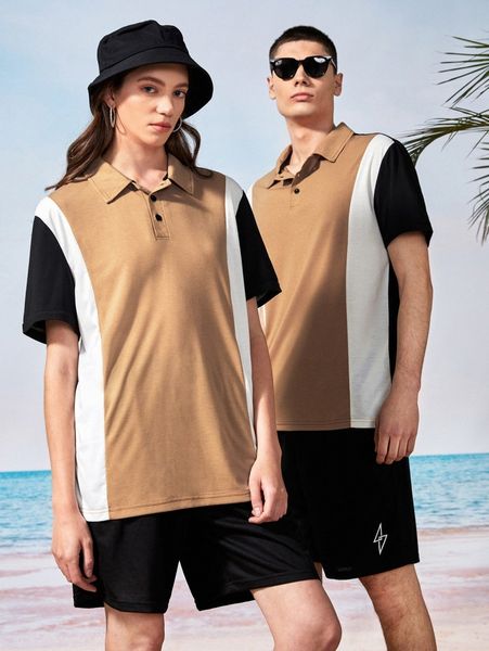 

1pc color block polo shirt t7c0#, White;black