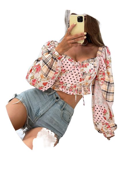 

plaid & floral print lantern sleeve tie front ruffle trim blouse 341b#, White