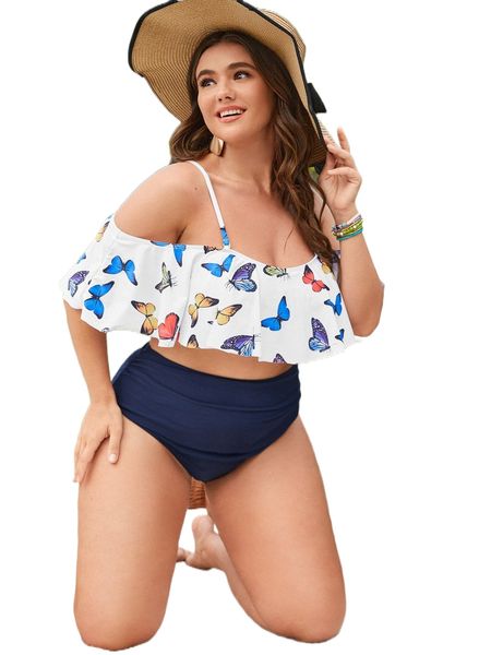 

plus butterfly print ruffle hem bikini swimsuit x0jv#, White;black
