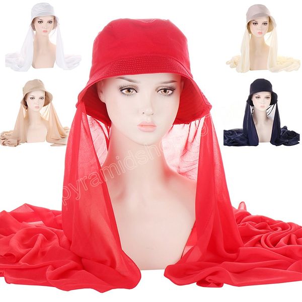 Mulheres Musilm Mulheres Chiffon Hijab Hat Hat Color Solid Ready to Wear Fisherman Caps Feminino Cabeça Proteção Sun