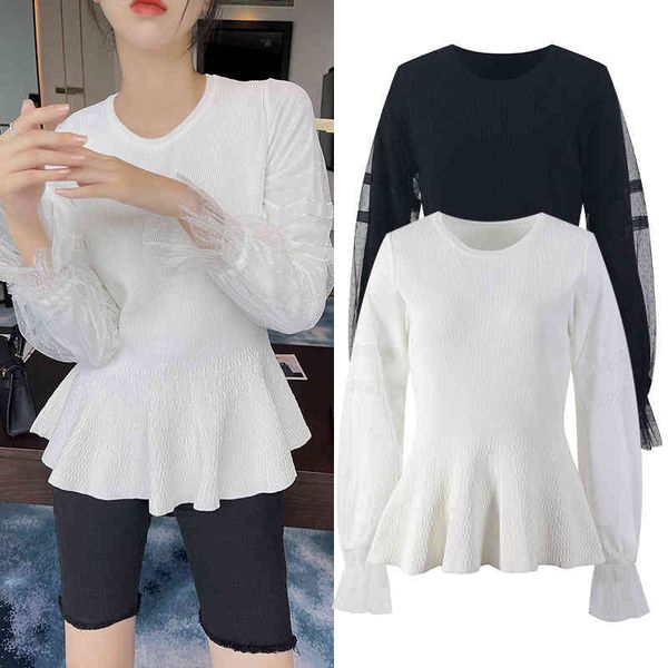 

women's knits tees temperament french loose round neck mesh stitched sweater long sleeve women's clothing in early autumn kp1i, White