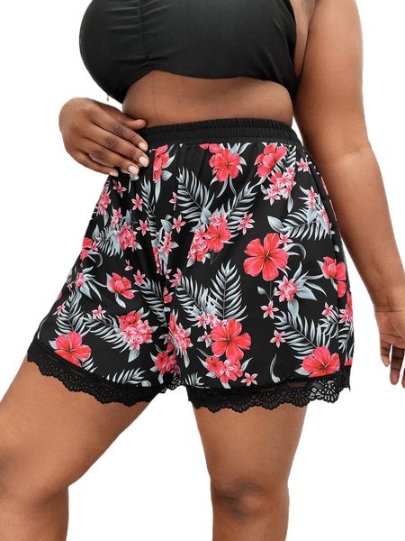 

plus tropical print lace trim bikini bottom z3ti#, Black