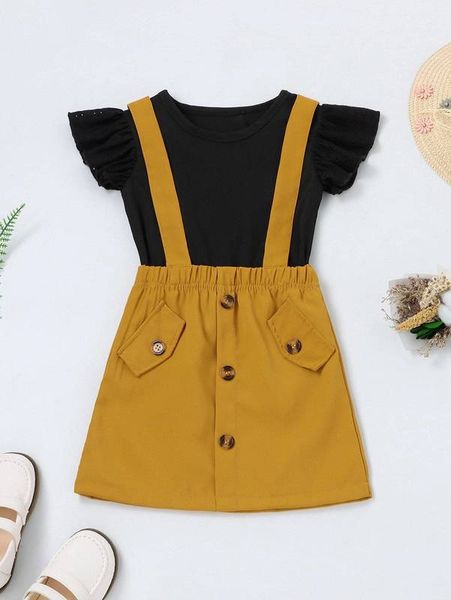 

toddler girls ruffle sleeve tee & fake button pinafore skirt she, White