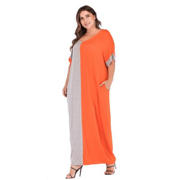 Vestidos plus size plus size feminino solto cor de barro patchwork gola redonda vestido manga curta vestido árabeplus