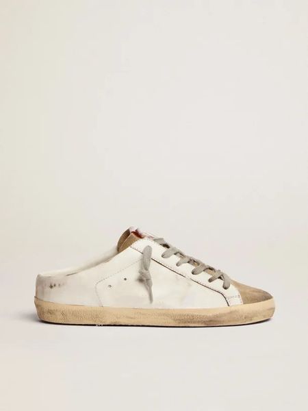

couple small dirty shoes designer luxury italian leather golden super-star sabots white leather blue glitter star dove grey suede tongue nei, Black