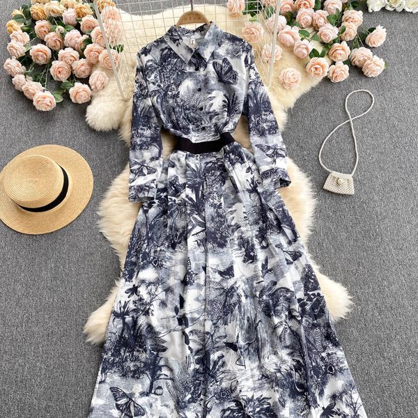 

2023 elegant floral vintage print brand designer runway dresses women autumn polo neck long maxi shirt party dress, Black;gray
