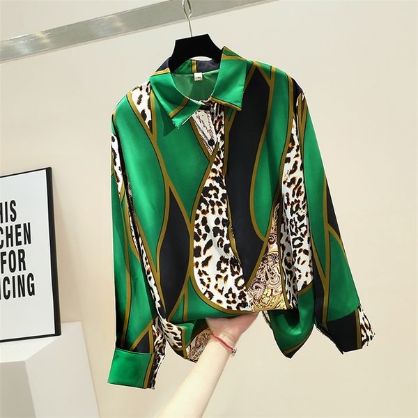 Primavera Outono Camisa das Mulheres Coreano Retro Retro Contraste Color Leopardo Chiffon Blusa Manga Longa Tops GD271 220407