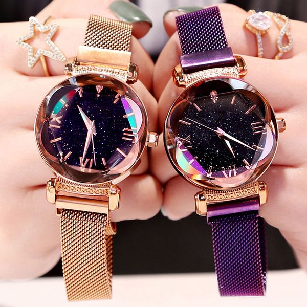 

luxury rose gold women watches fashion diamond ladies starry sky magnet watch female wristwatch clock hours saati reloj, Slivery;brown