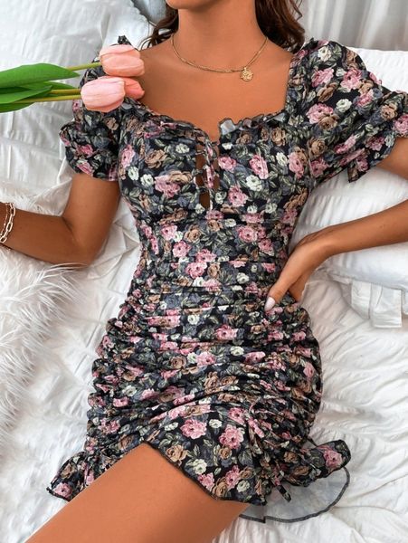 

random floral print lace-up front ruched ruffle hem dress q98k#, Black;gray