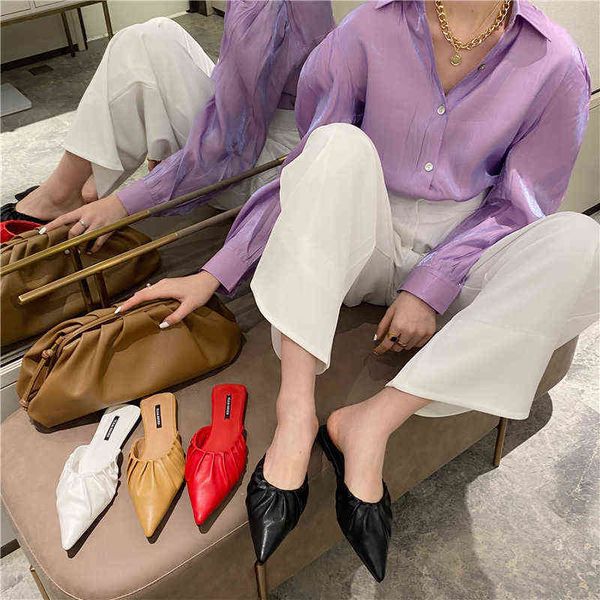 

women slippers korean shoe children's 2022 new pointed head half mop wrinkled shallow mouth lazy baotou muller slippers for women to we, Black