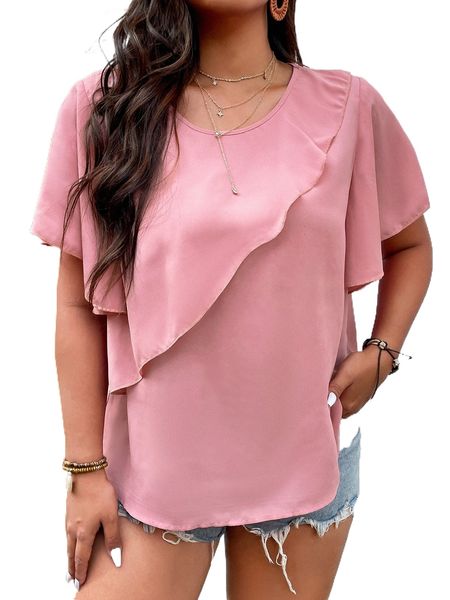 

plus solid flutter sleeve ruffle trim blouse i5ew#, Black