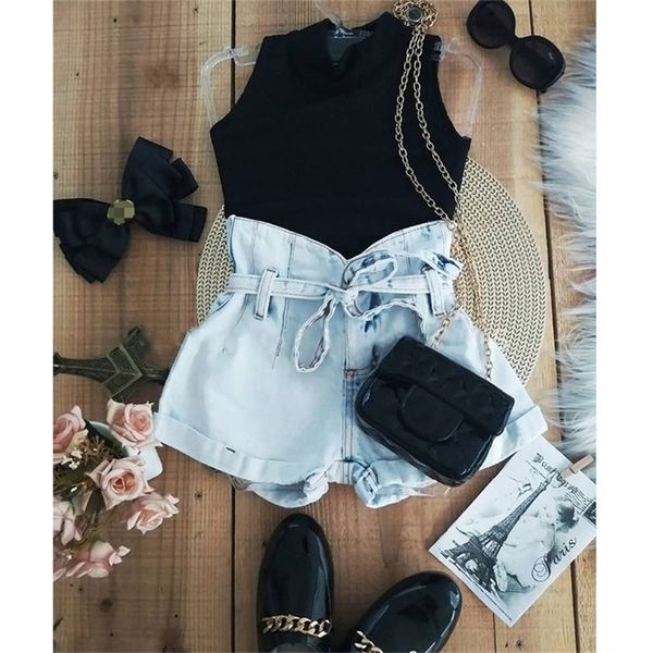 

focusnorm 2pcs fashion toddler girls clothes sets 1 6y solid sleeveless vest high waist blue denim shorts clothing 220620, White