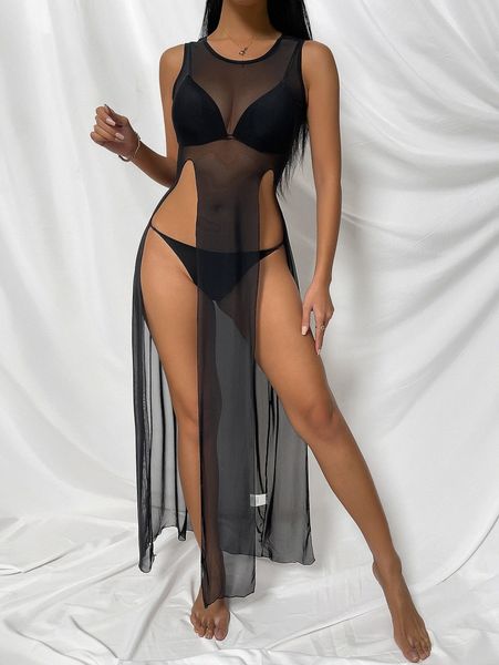 

plain slit sheer mesh cover up a30p#, White;black