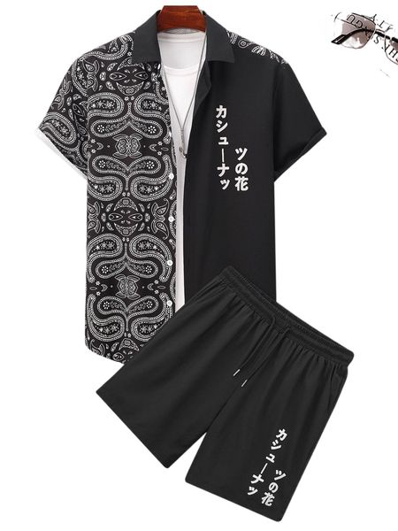 

men japanese letter & paisley print shirt & shorts without tee d78b#, Gray