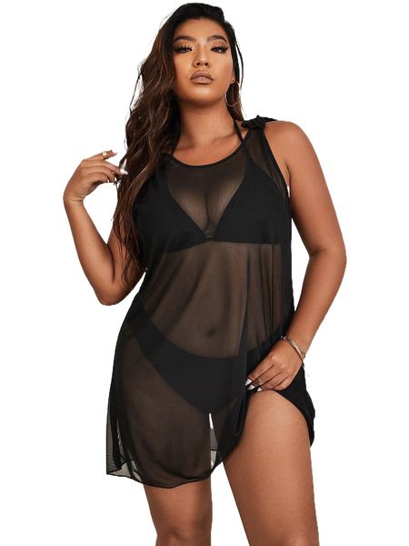 

plus tie shoulder cover up without bikini j4bg#, Black