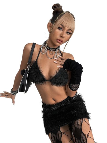 

fringe detail backless knot crop halter & bodycon skirt b8zy#, White