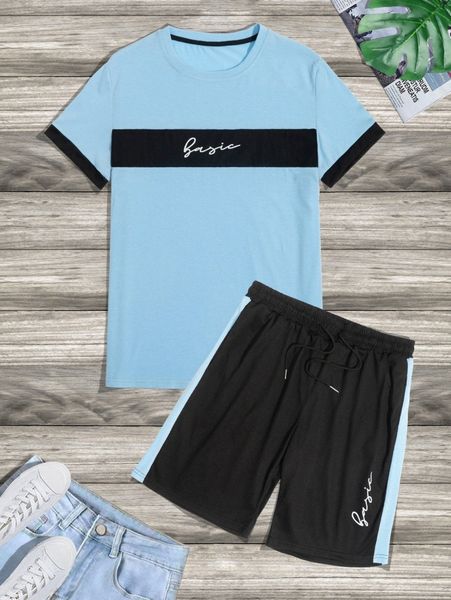 

men letter graphic colorblock tee & drawstring waist shorts f4yd#, Gray