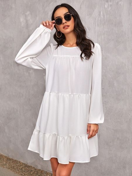 

keyhole back lantern sleeve smock dress b0lf#, Black;gray