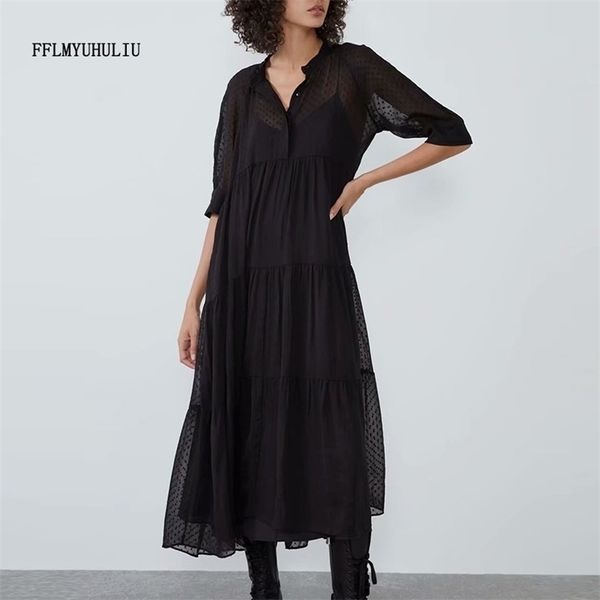 Kadınlar Siyah Şifon Yarım Kollu Stand Yakası Uzun Polka Dot Şeffaf Seksi Parti Elbisesi 210322