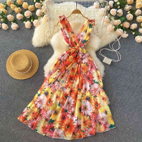 

casual dresses foreign style v-neck temperament shows thin sunflower print waist backless big swing dress women's fashion osfn, Black;gray
