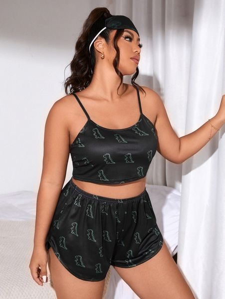 

plus dinosaur print cami pj set k87h#, Black;white