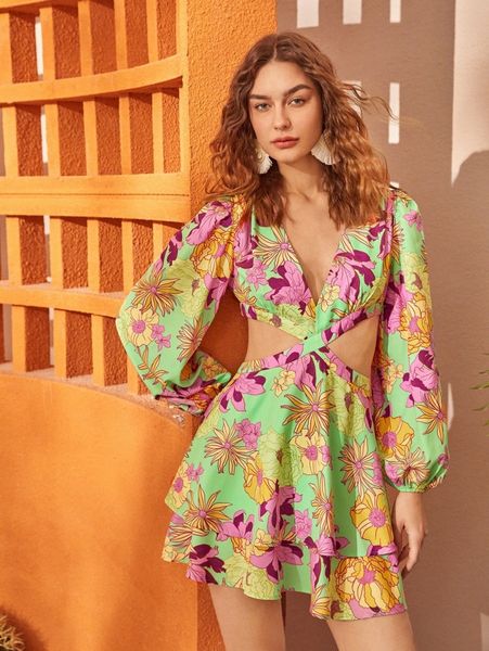 

floral bishop sleeve cut out dress o02a#, Black;gray