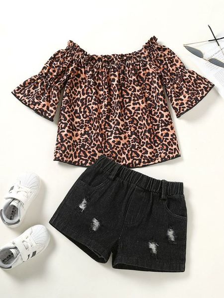 

toddler girls leopard print trumpet sleeve & ripped denim shorts she, White