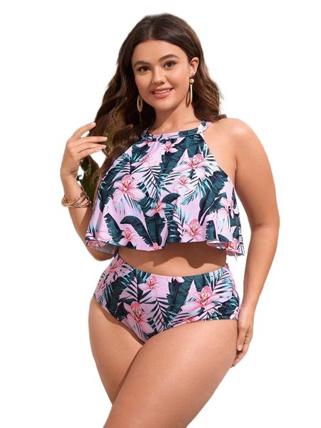 

plus floral flounce bikini swimsuit g9kt#, White;black