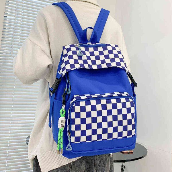 

women's contrast color design backpack fashion trend nylon plaid travel backpack middle school students' schoolbag 220506