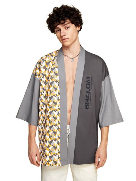 

x shalom men bird & slogan graphic drop shoulder kimono a0ol#, White;black