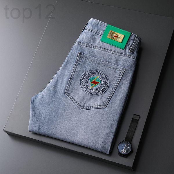 

men's jeans designer 2022 summer thin medusa embroidered jeans men's korean version elastic slim fit washed leggings casual and ve, Blue