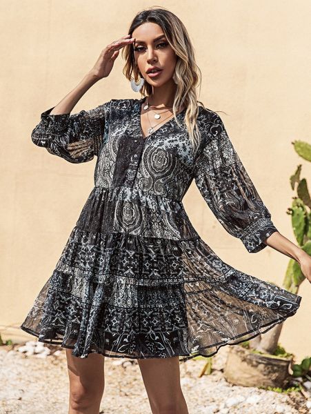 

allover print button front smock dress 47ai#, Black;gray