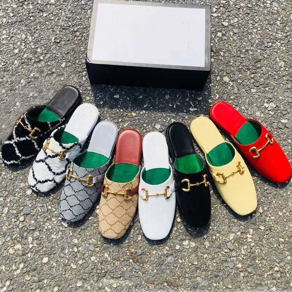 

designer summer beach slippers fashion loafer lazy flat baotou flops leather letters lady cartoon slides women shoes metal ladies sandals