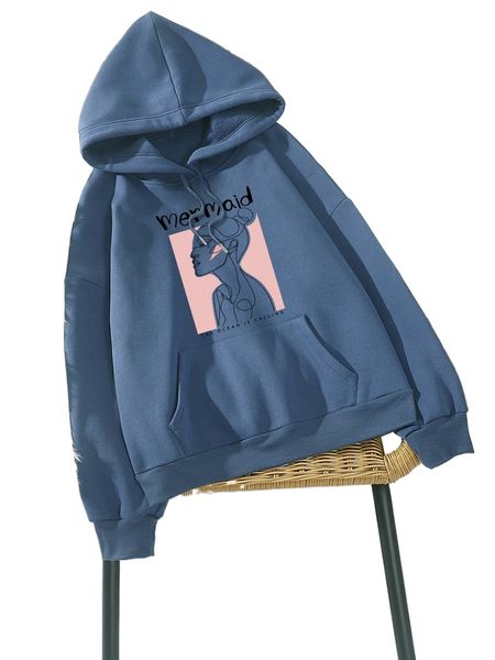 

slogan and figure graphic drawstring hoodie l8wp#, Black