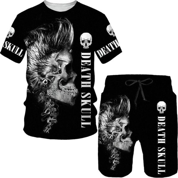 

men's tracksuits summer man set 3d skull printingt-shirt shorts tracksuit 2 piece outfits fashion street male jogging suit sportswear, Gray
