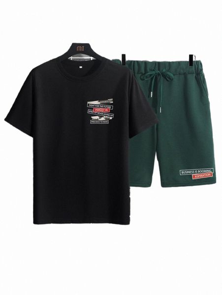 

men slogan graphic tee & shorts k51q#, Gray