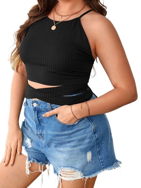 

plus crisscross front tie back ribbed knit cami l2r5#, Black