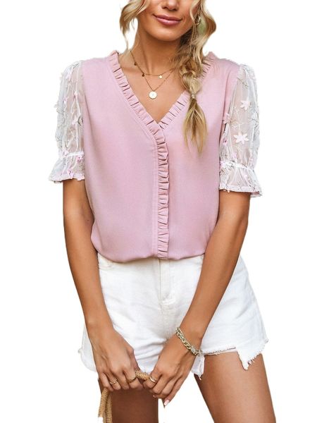 

c.ontrast f.loral .esh p.uff s.leeve f.rill trim b.louse o1w7#, White