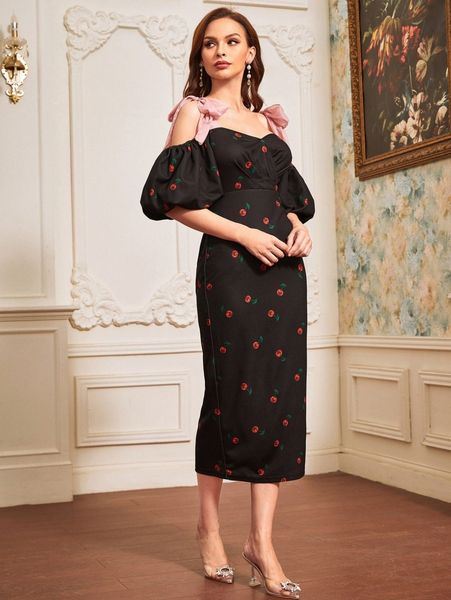

knot strap puff sleeve cherry print dress e9ak#, Black;gray