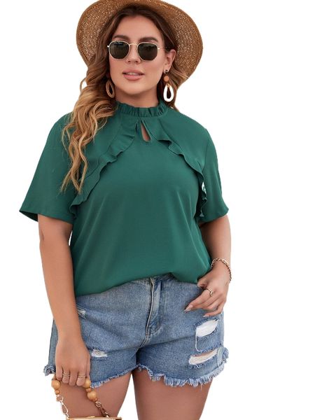 

plus keyhole neckline ruffle trim blouse b02y#, Black