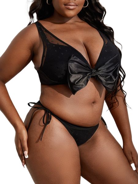 

plus contrast mesh bow wireless tie side lingerie set without liner c4nr#, Black;white