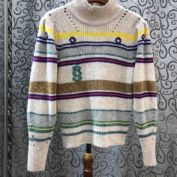 Suéteres de alta qualidade 2020 Jumpers de moda da primavera Mulheres padrões listrados de tricô de manga comprida Pullovers de lã casuais tops femininos lj201113