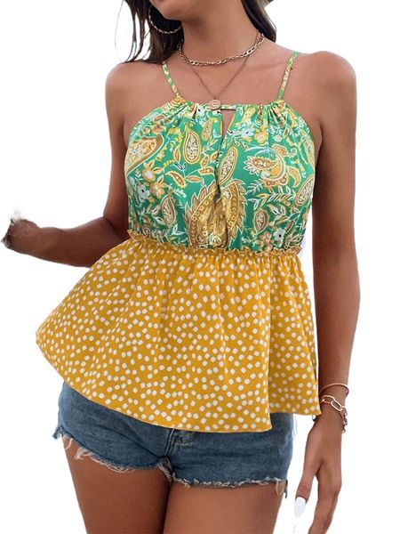 

ditsy floral & paisley print cut out tie back cami 113y#, White