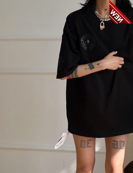 

50% off discount ch22 spring and summer new fashion cool patchwork leather cross loose thin short sleeve t-shirt factory direct sale, White;black
