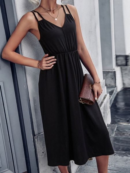 

solid backless cami dress j359#, Black;gray