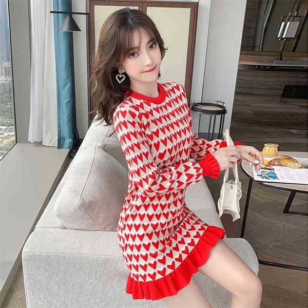 

fashionable little love bag hip skirt autumn style temperament wild round neck waist thin girly knit dress trendy women 210412, Black;gray