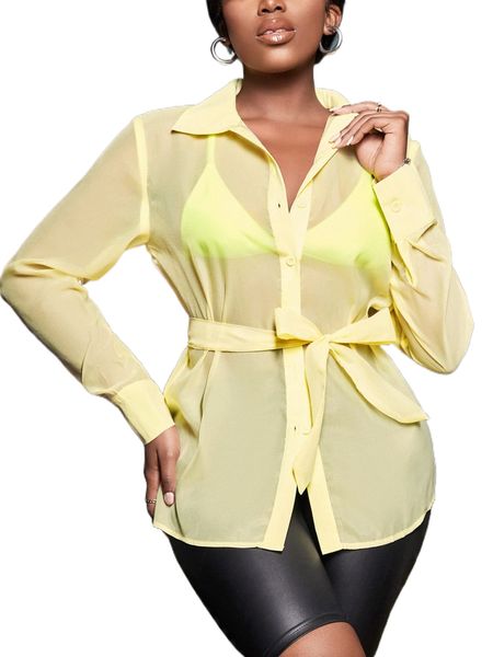 

sxy solid semi sheer belted blouse without bra 62gl#, White