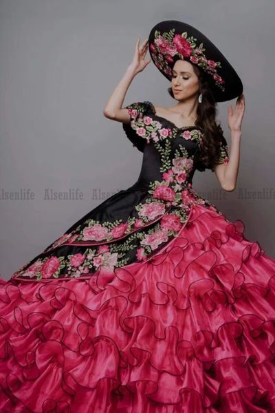 Abiti da Cerimonia Meksika Quinceanera Elbiseler Kabarık Organze Etek Tatlı 16 Elbise Çiçek Aplike Vestidos De 15 Años