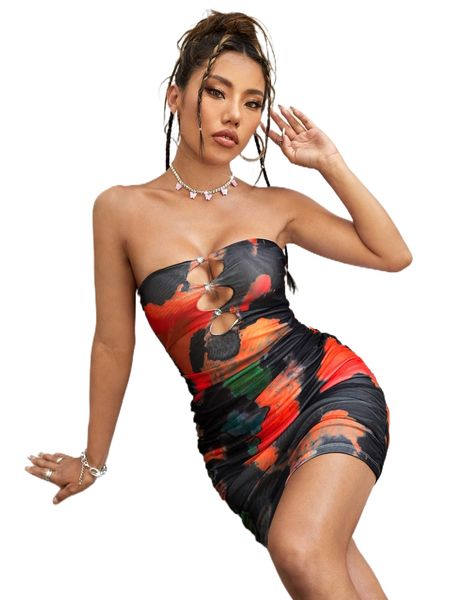 

rhinestone cutout front tie dye tube bodycon dress h7g8#, Black;gray